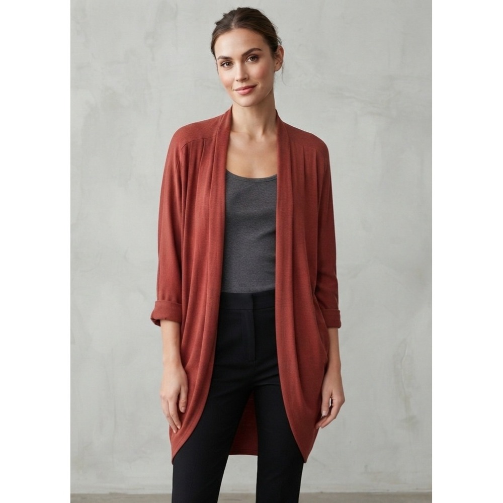 Audrey 3+1 Rust Cocoon Open Front Pleated Drape Cardigan Sweater S